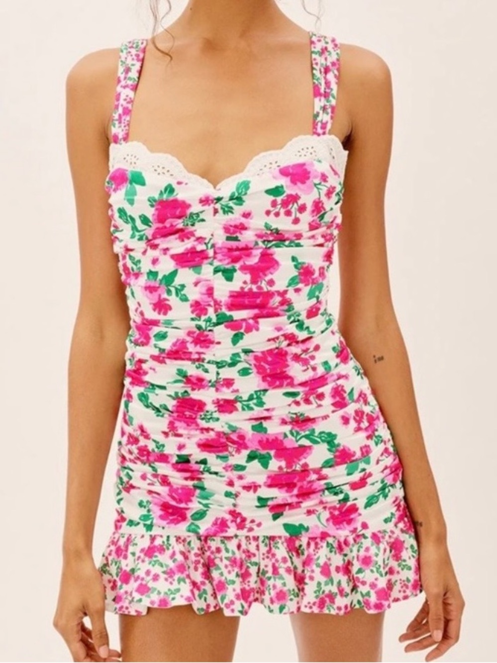 For Love & Lemons Petal Ruched Lace Floral Ruffle Hem Tank Mini Dress